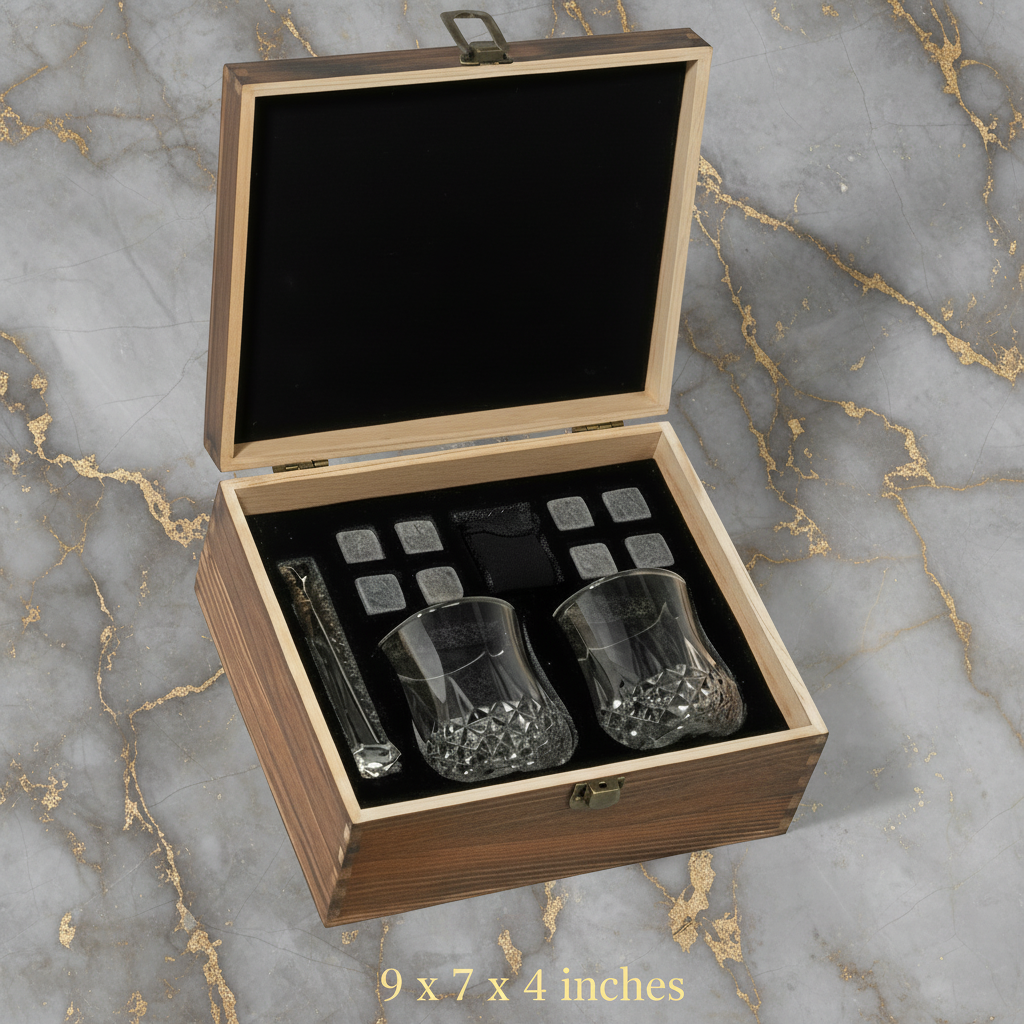 Whisky Chilling Stones & Rounded Glass Gift Set in in Wooden Gift box