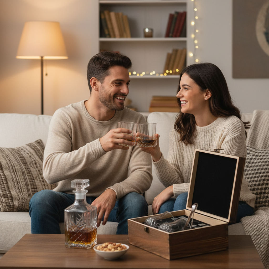 Whisky Chilling Stones & Rounded Glass Gift Set in in Wooden Gift box