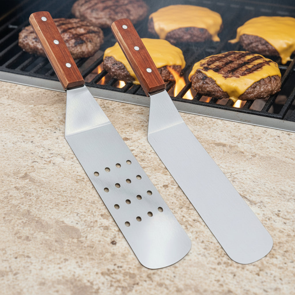 BBQ Cooking Spatula, Wooden Handle, 14 inches, Set of 2