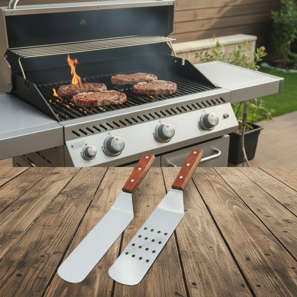 BBQ Cooking Spatula, Wooden Handle, 14 inches, Set of 2