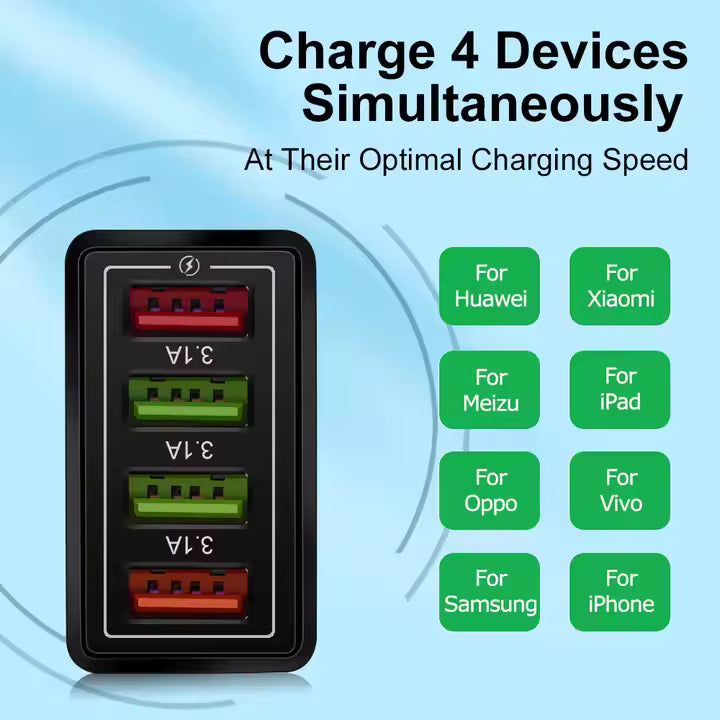 4 Outlets, Black, Wall Cell Phone Charger, High Power 20W