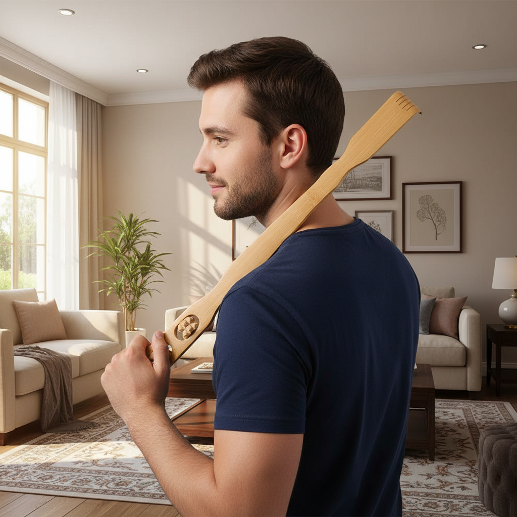 Bamboo Back Scratcher, 18 inches Handle, with Massage Roller