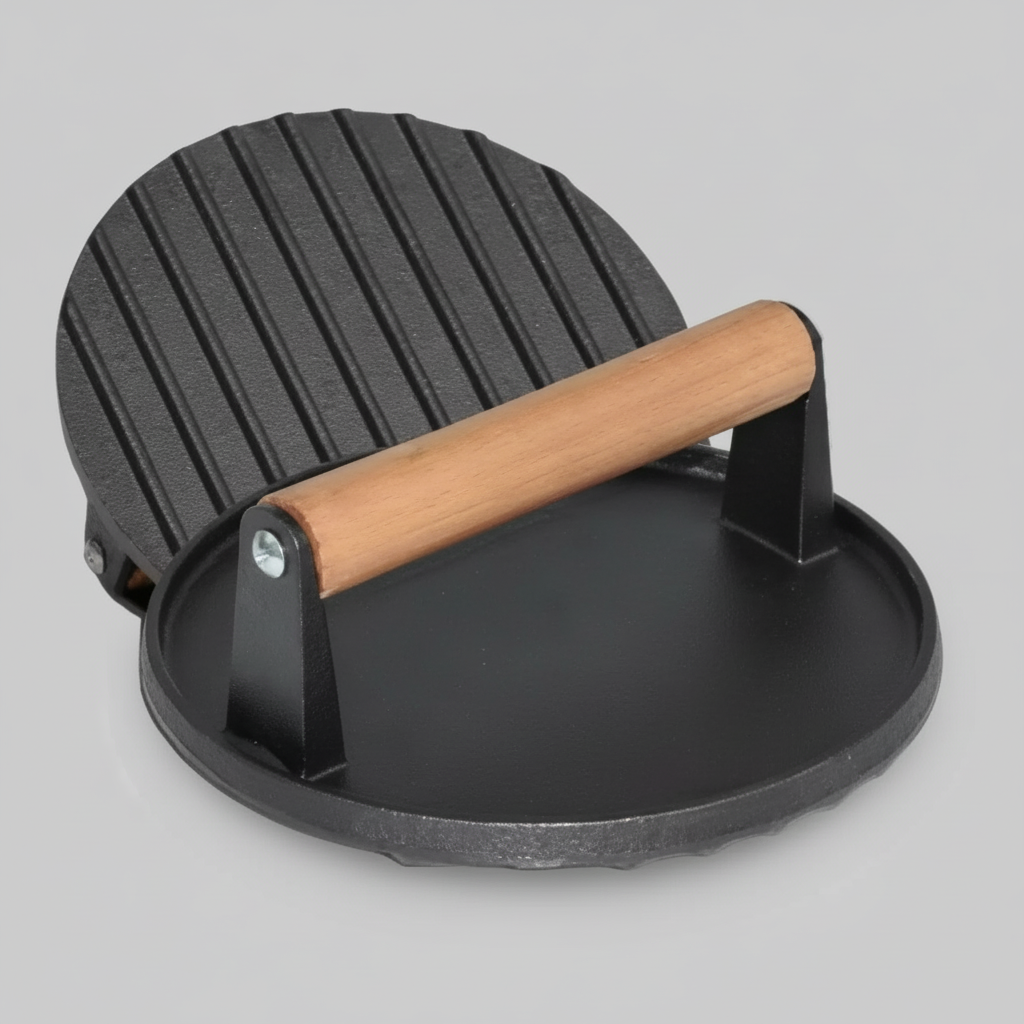 Cast Iron Grill Press, Round for Burgers and Stakes, Hardwood Handle