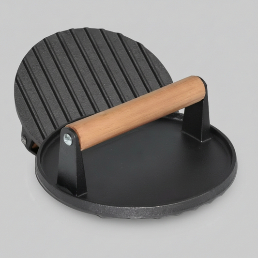 Cast Iron Grill Press, Round for Burgers and Stakes, Hardwood Handle