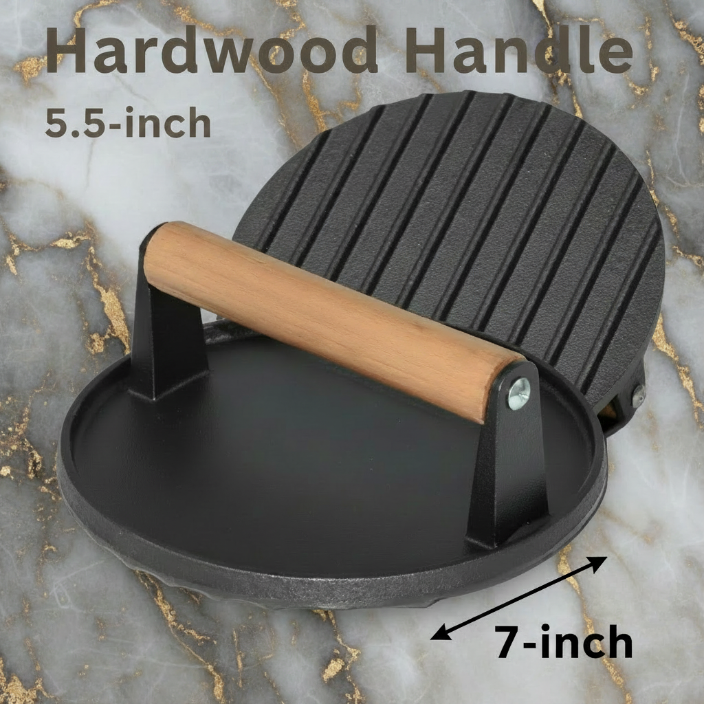 Cast Iron Grill Press, Round for Burgers and Stakes, Hardwood Handle