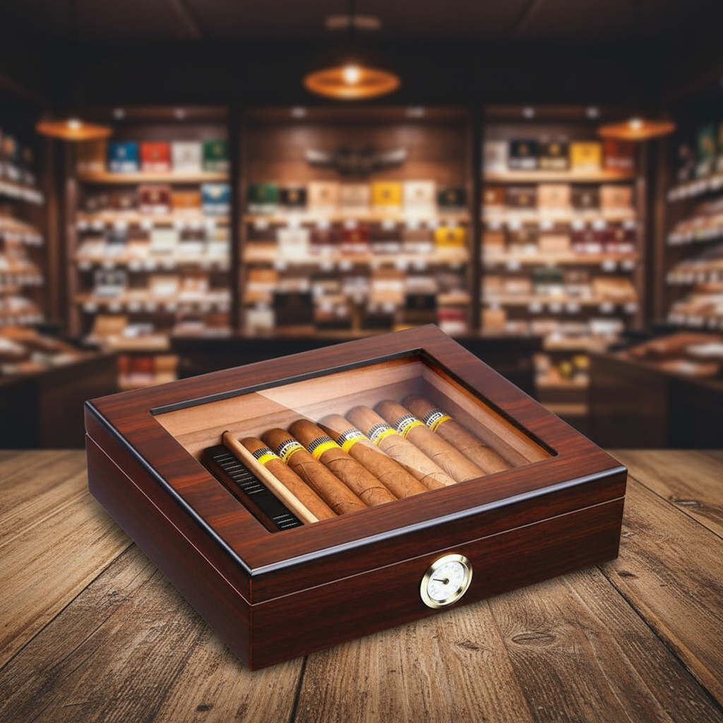 Cigar Box, Natural Hardwood, 10.2x8.7 inches, with Hygrometer