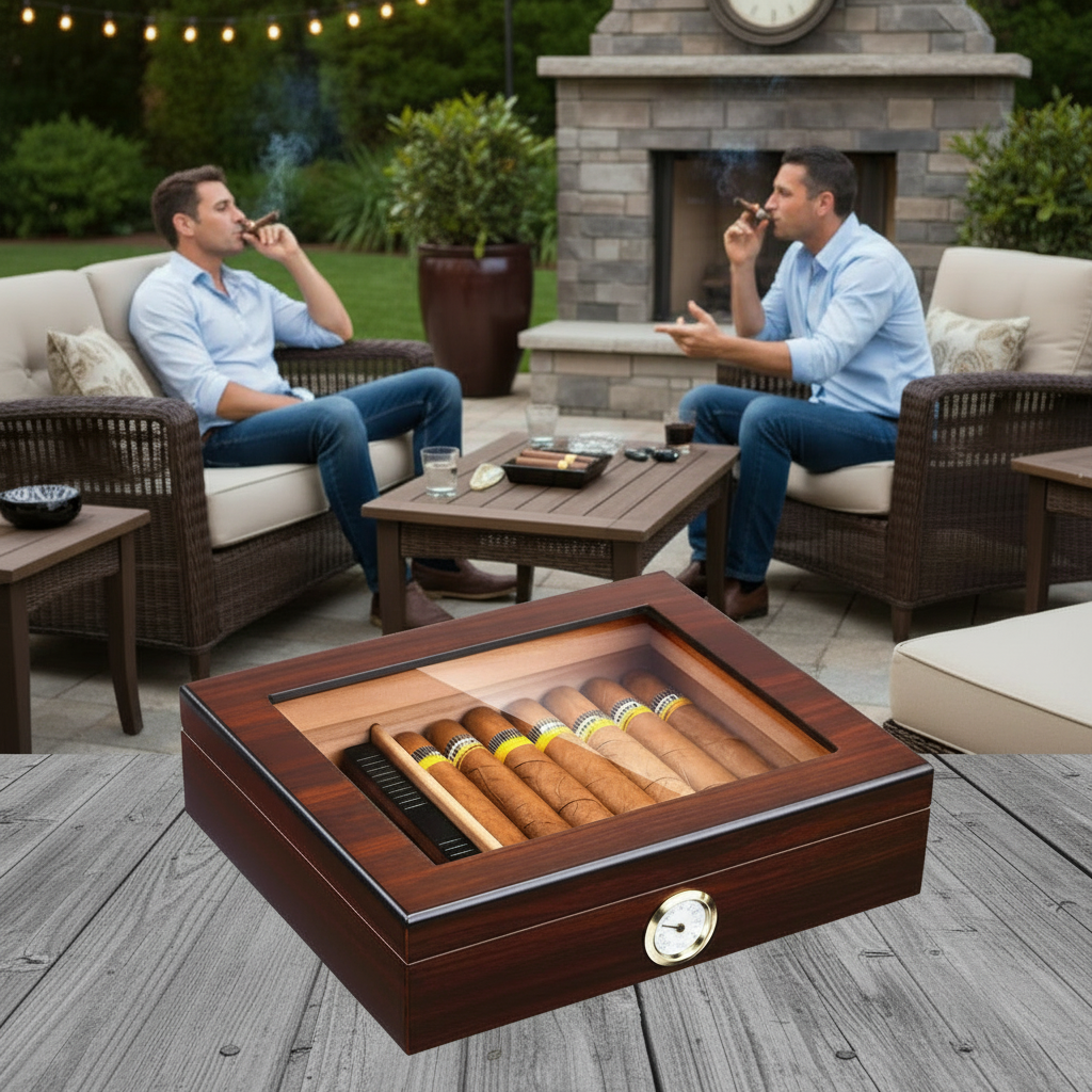 Cigar Box, Natural Hardwood, 10.2x8.7 inches, with Hygrometer