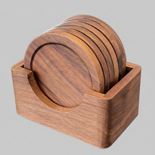 Wooden Coasters, Acacia Hardwood, 7 pcs with Holder