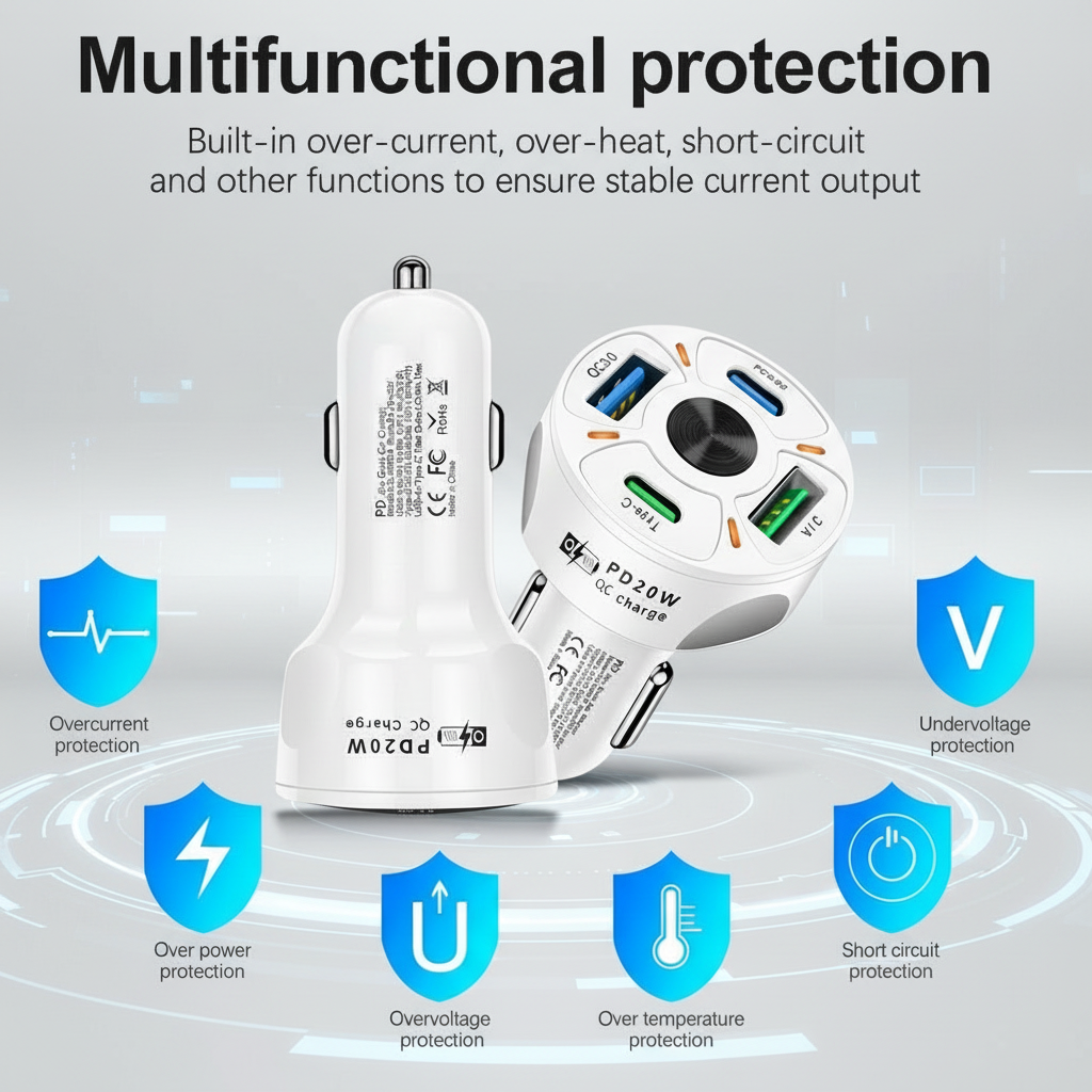 4 Outlets, White, Car Cell Phone Charger, High Power, 20W