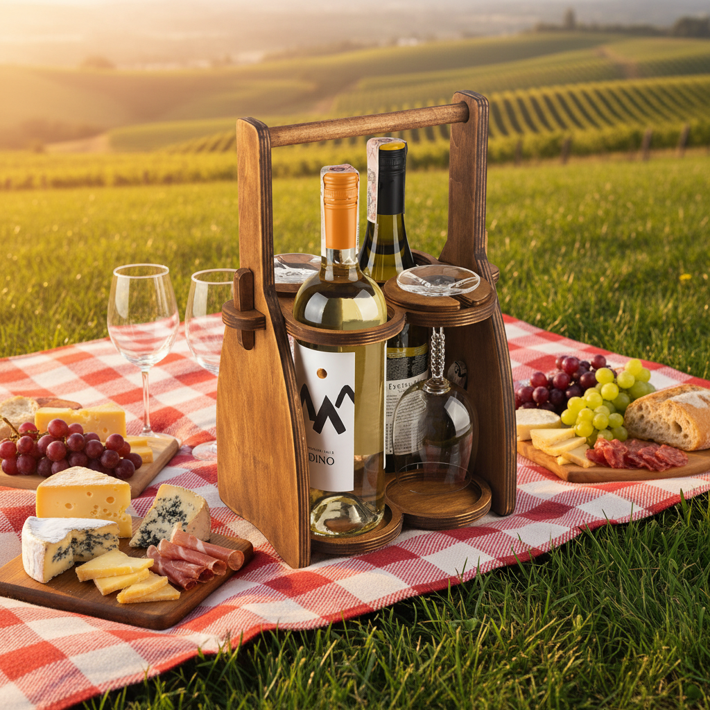 Wine Carrying Box. Fits 4 bottles or glasses. Natural multilayer Hardwood