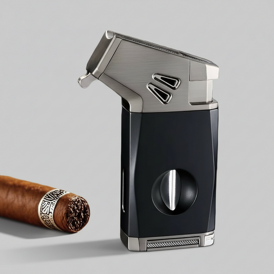 Cigar Lighter, Business Black, with V-shaped Cigar Cutter