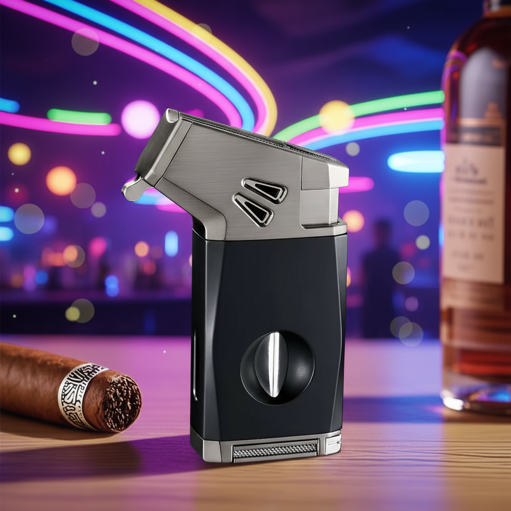 Cigar Lighter, Business Black, with V-shaped Cigar Cutter