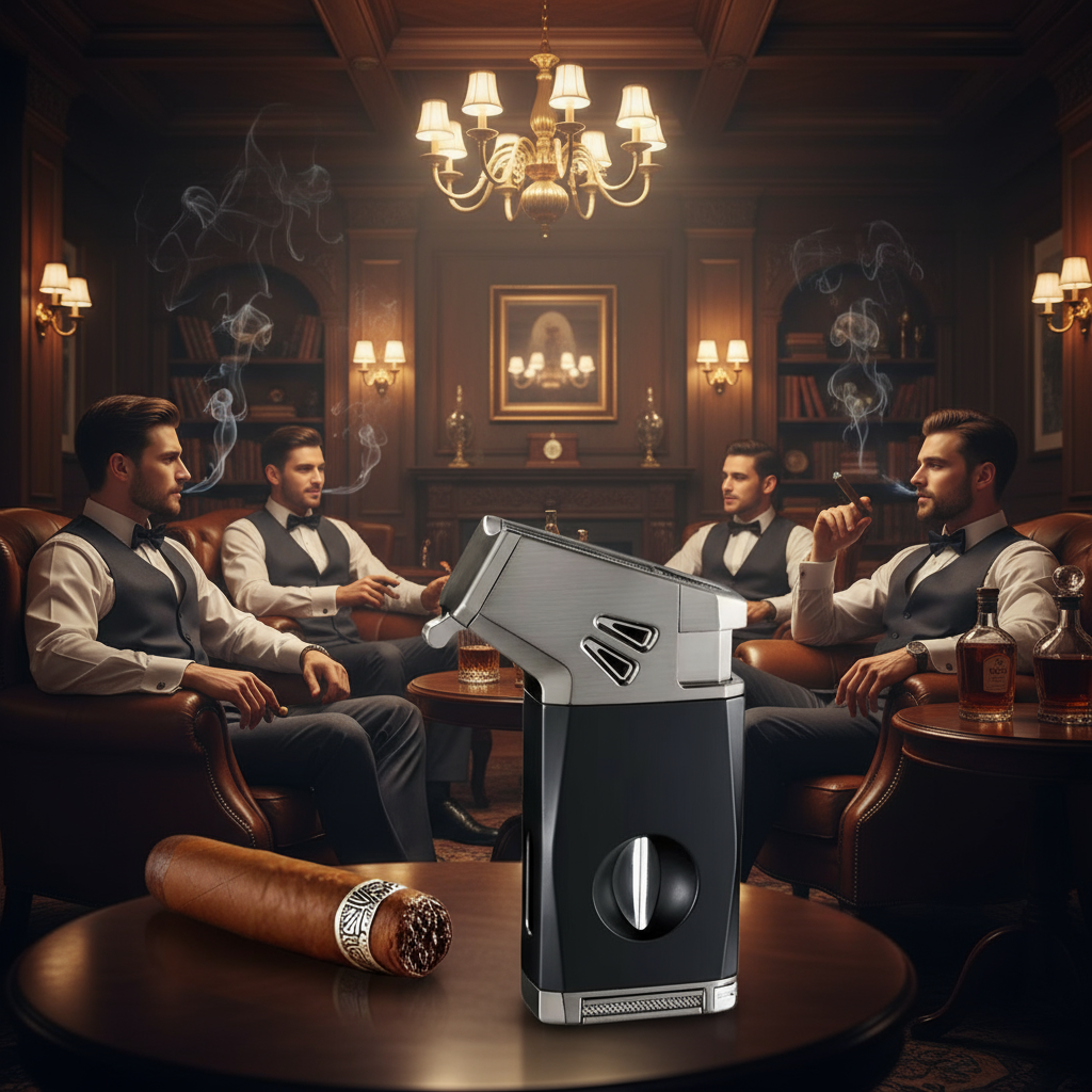 Cigar Lighter, Business Black, with V-shaped Cigar Cutter
