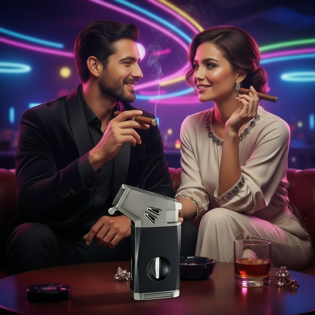 Cigar Lighter, Business Black, with V-shaped Cigar Cutter