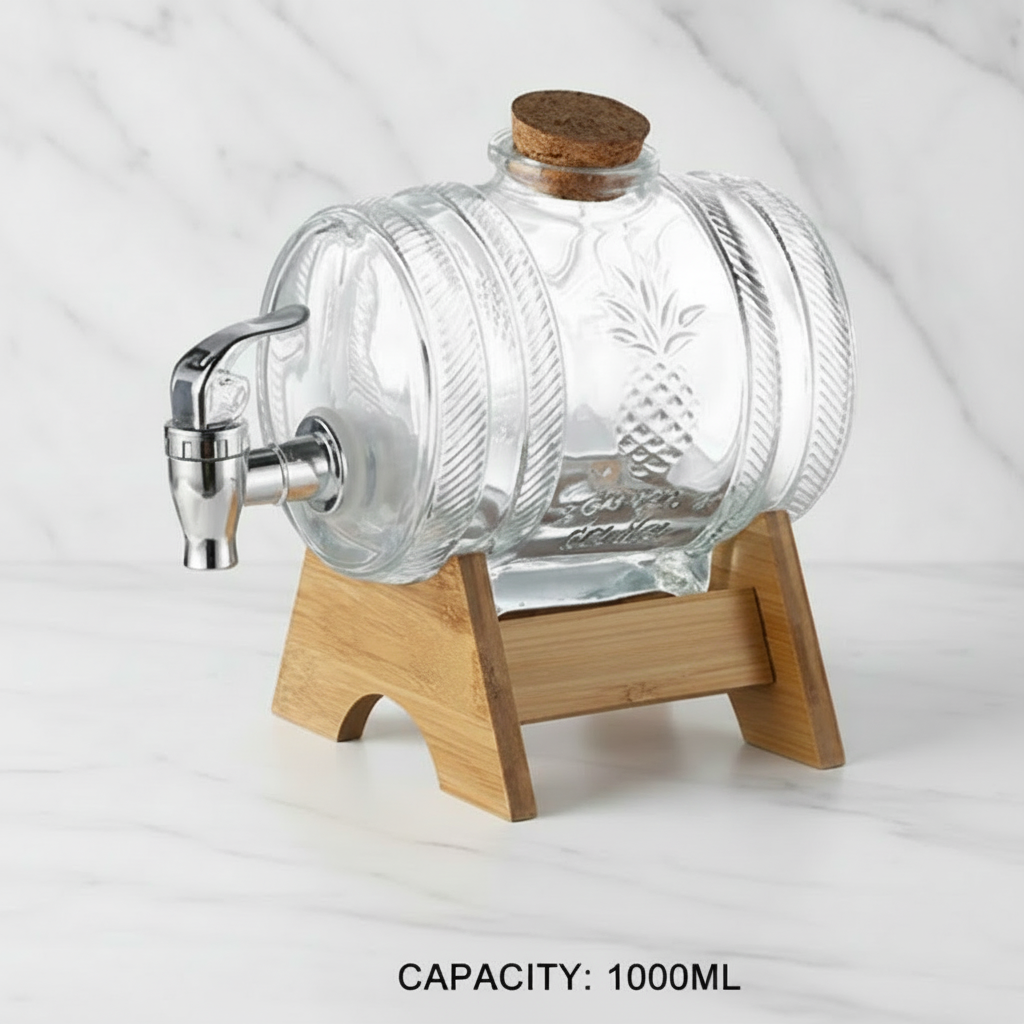 Liquor Barrel with Dispenser Faucet and Wooden Base, 1L capacity