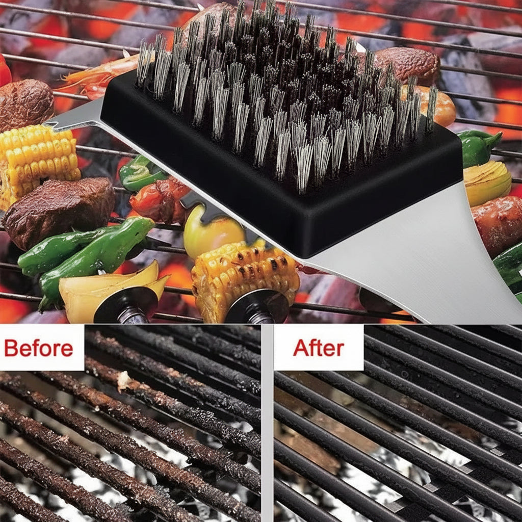 BBQ Grill Cleaning Brush with Scraper, Stainless Steel, 14"