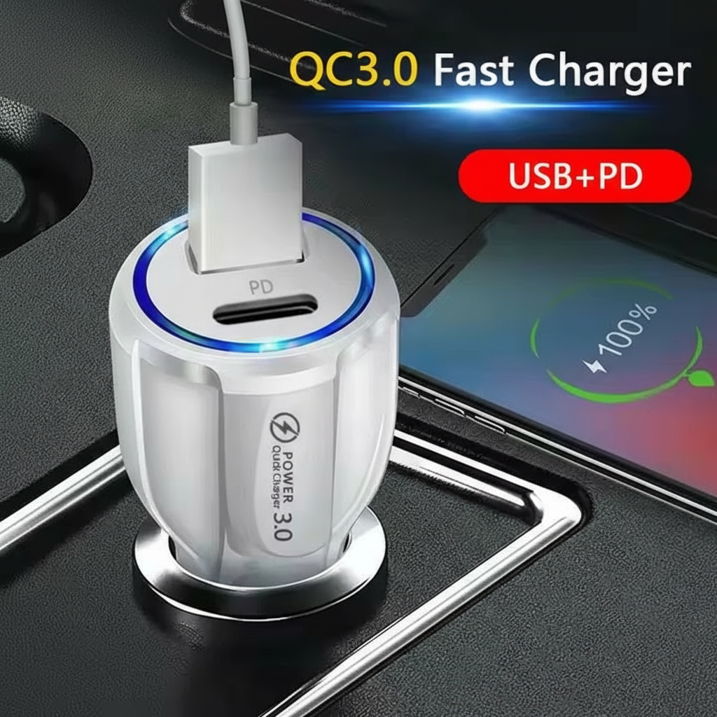 Car Cell Phone Charger, 2 Outlets, White, High Power, 3A