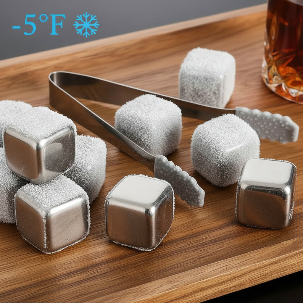 Beverage Chilling Cubes, Stainless Steel, 8 pcs with Tongs Set