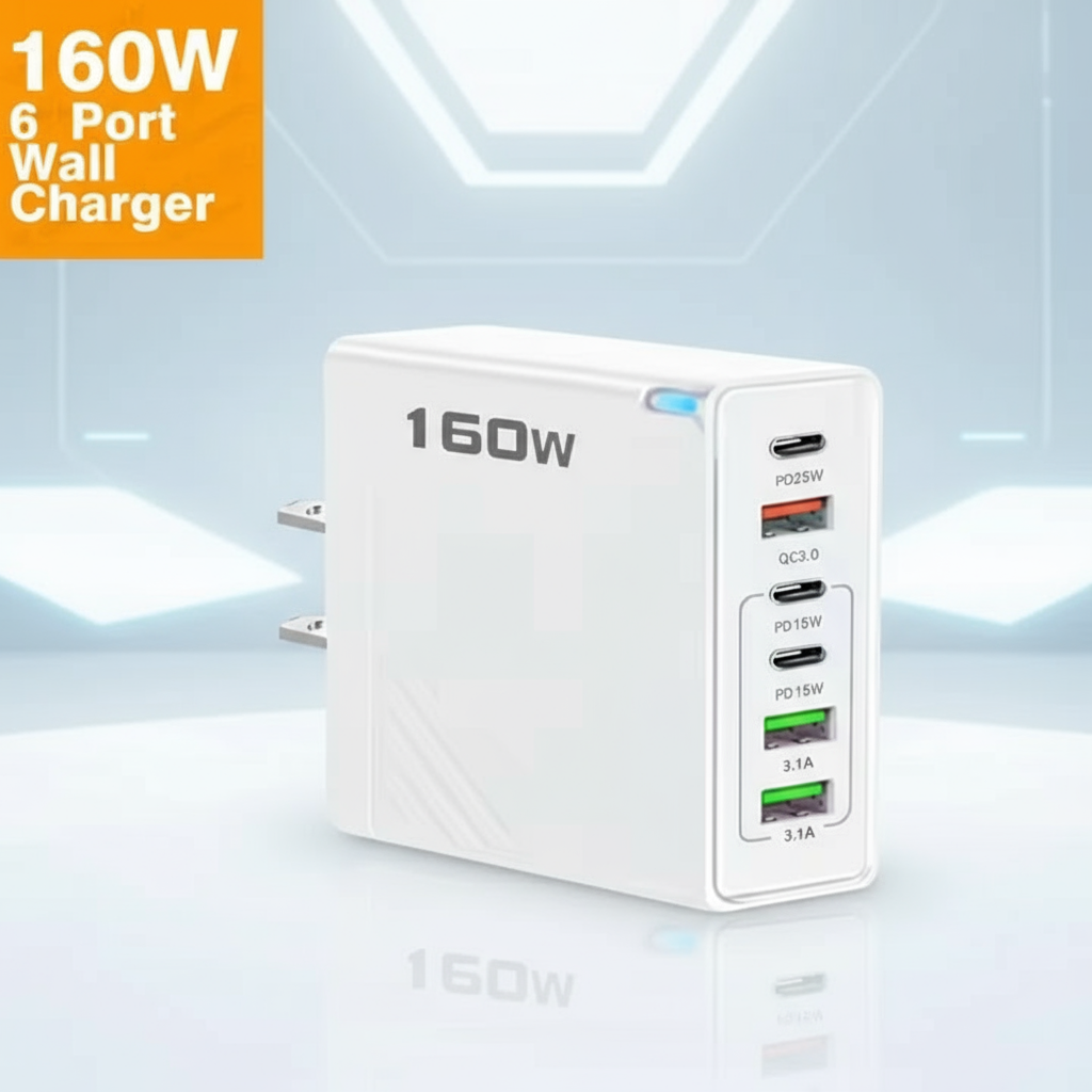 6 Outlets Charging Station, White, Extra High Power 160W