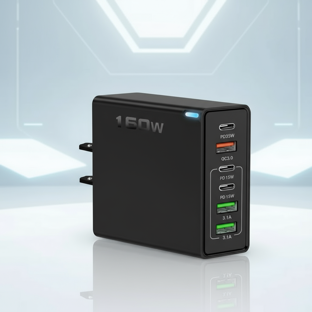 6 Outlets Charging Station, Black,  Extra High Power 160W
