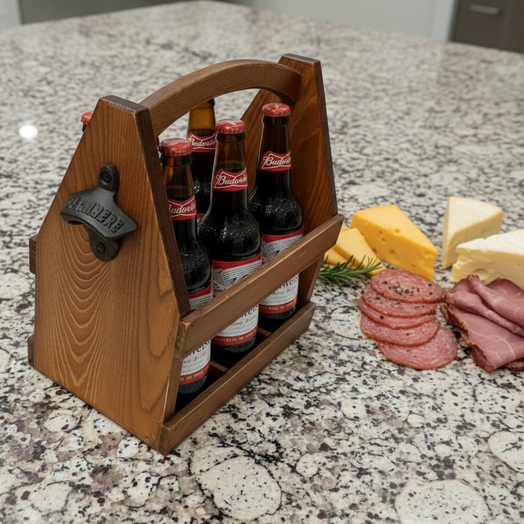 Beer and Wine Carrying Box with Bottle Opener, Natural Hardwood