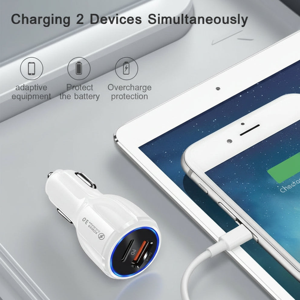Car Cell Phone Charger, 2 Outlets, White, High Power, 3A