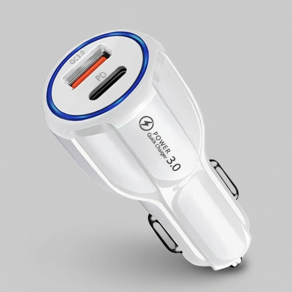 Car Cell Phone Charger, 2 Outlets, White, High Power, 3A