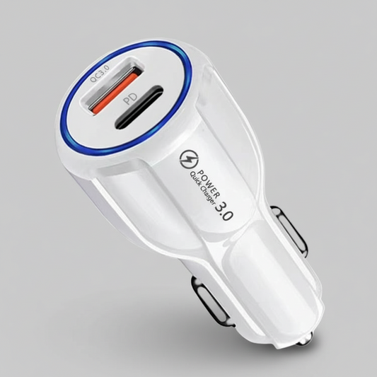 Car Cell Phone Charger, 2 Outlets, White, High Power, 3A