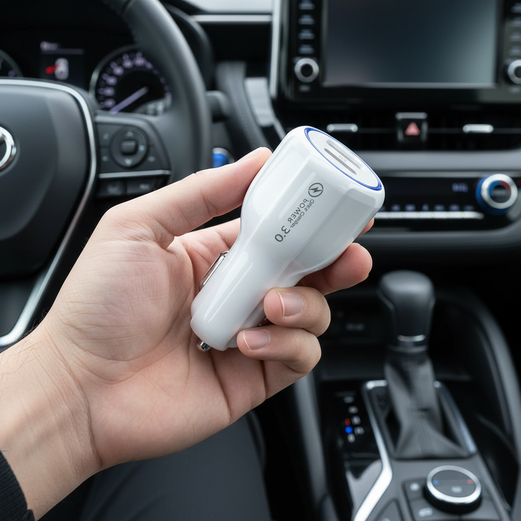 Car Cell Phone Charger, 2 Outlets, White, High Power, 3A
