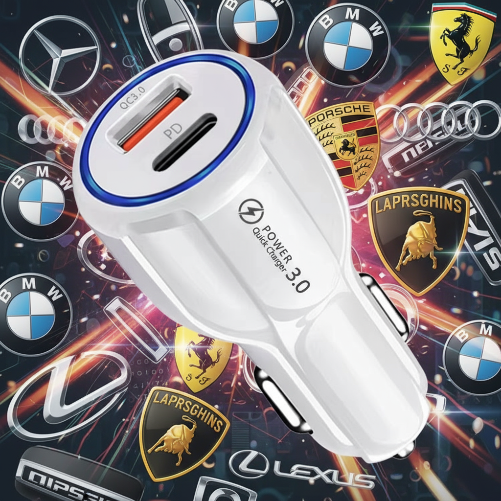 Car Cell Phone Charger, 2 Outlets, White, High Power, 3A