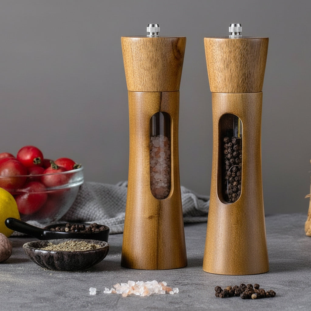Transparent Window Acacia Wood Grinder Set, 8" Tall, 2pcs Set