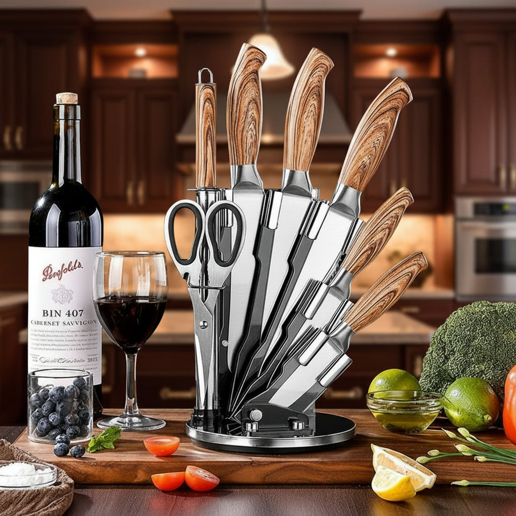 Kitchen Knives Set, Stainless Steel, 8pcs set, including Block and Sharpener