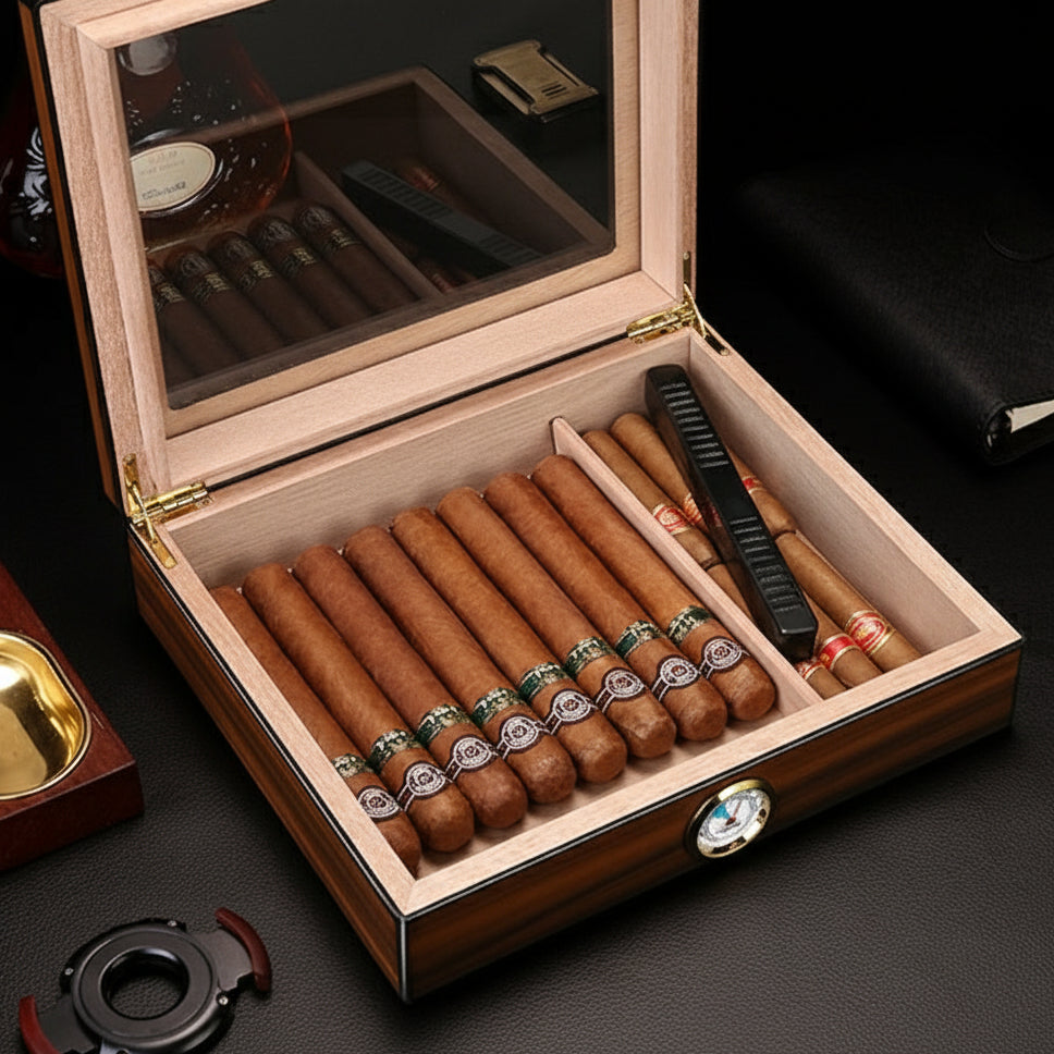 Cigar Box, Spanish Cedar, Black, with Hygrometer and Humidor, 9x7 inches