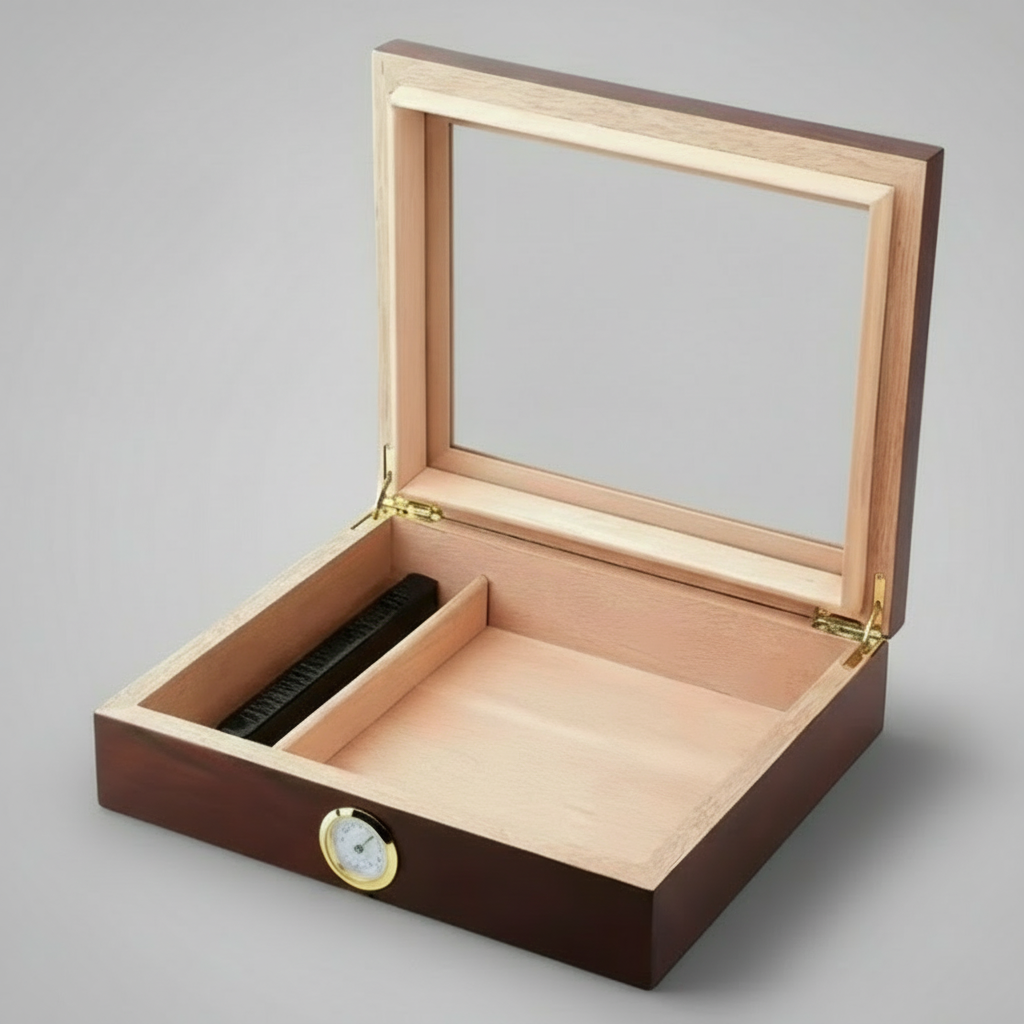 Cigar Box, Natural Hardwood, 10.2x8.7 inches, with Hygrometer