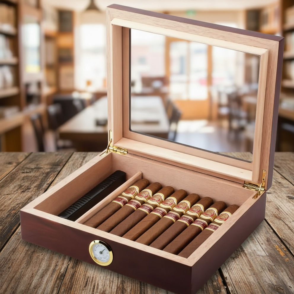 Cigar Box, Natural Hardwood, 10.2x8.7 inches, with Hygrometer