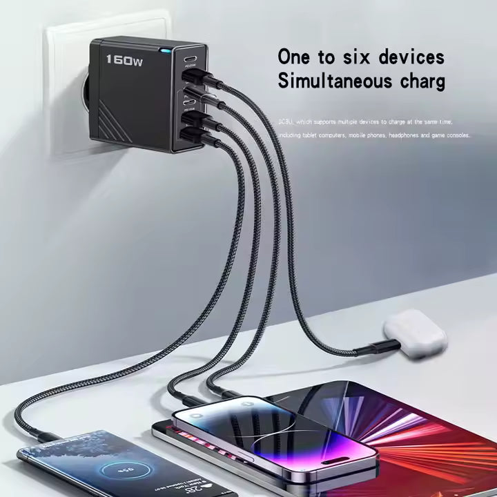 6 Outlets Charging Station, Black,  Extra High Power 160W