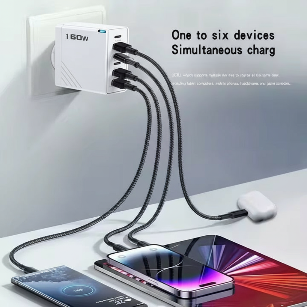 6 Outlets Charging Station, White, Extra High Power 160W