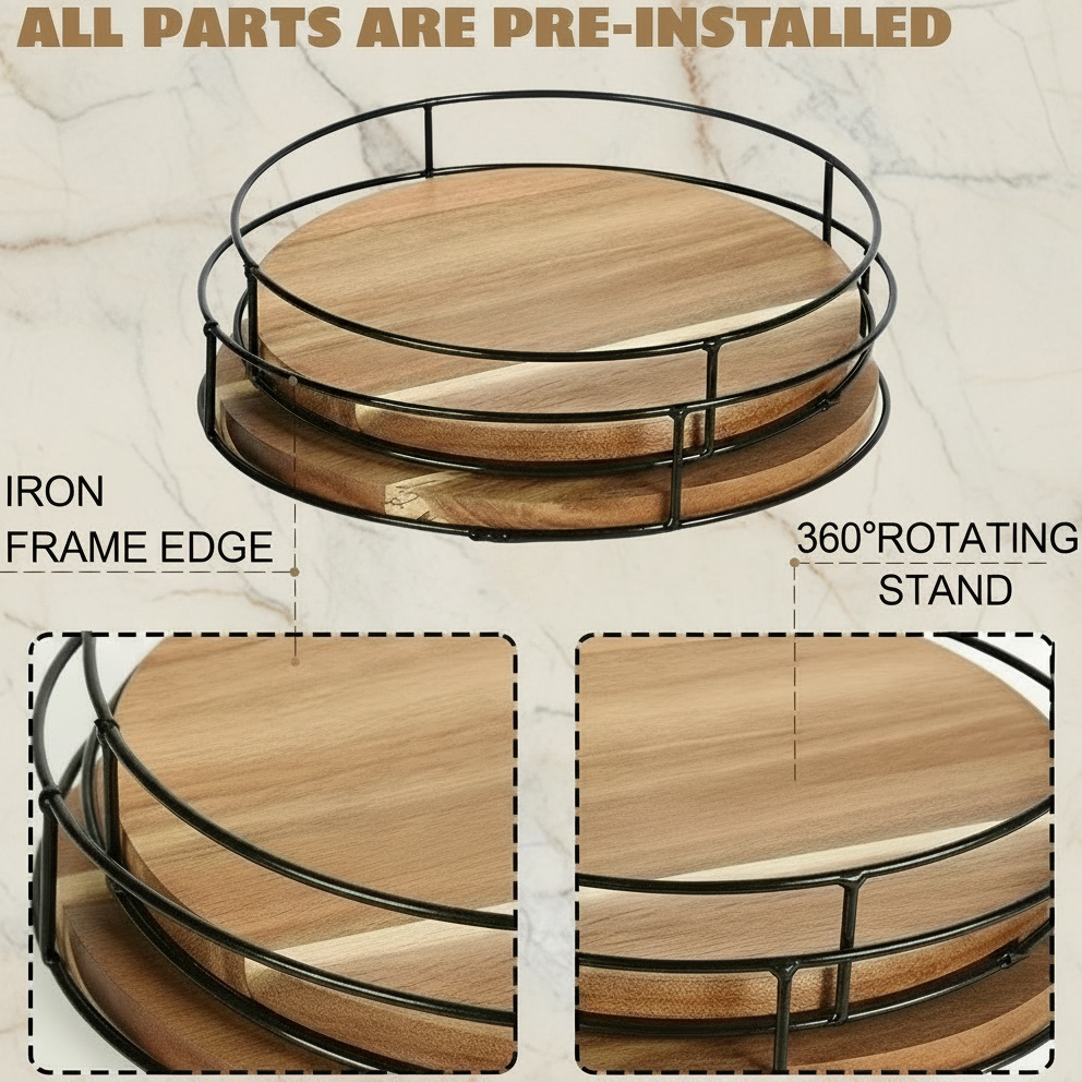 Acacia Wood Lazy Susan Turntable, 12 inches, with Metal Frame
