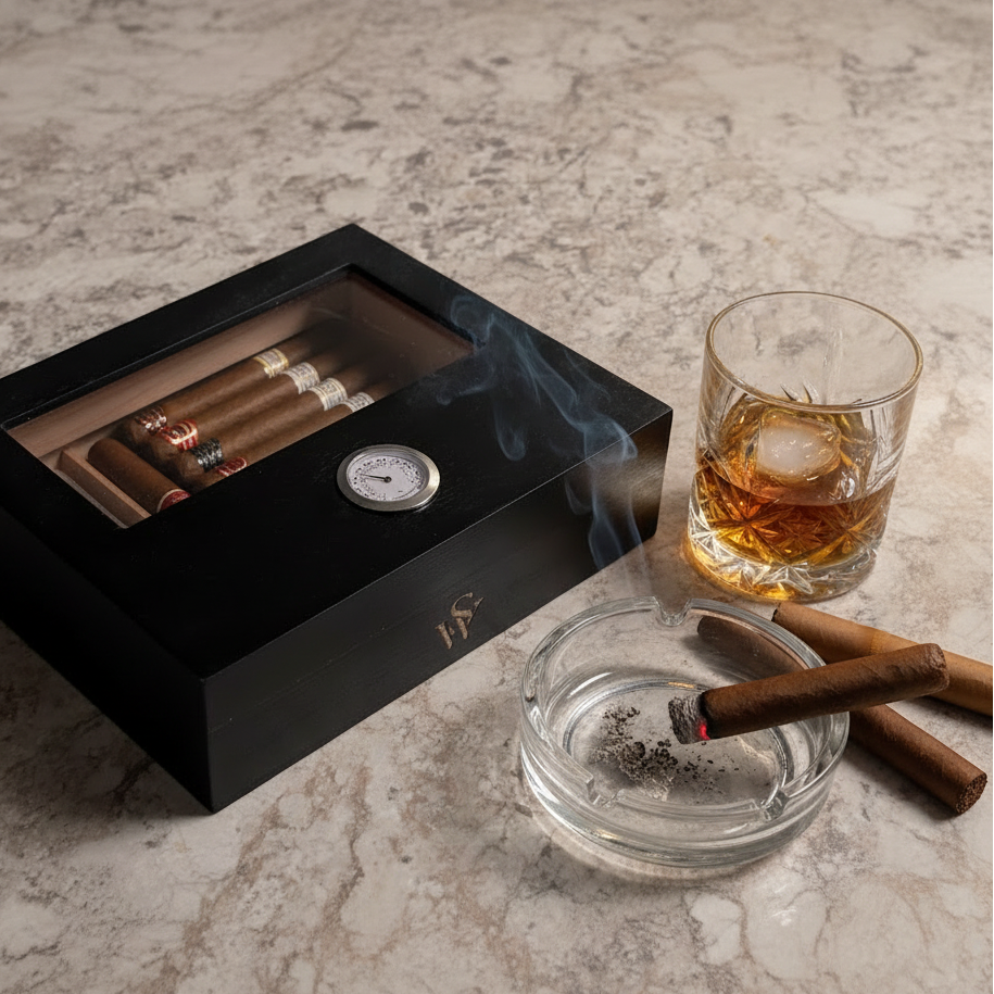 Cigar Box, Spanish Cedar, Black, with Hygrometer and Humidor, 9x7 inches