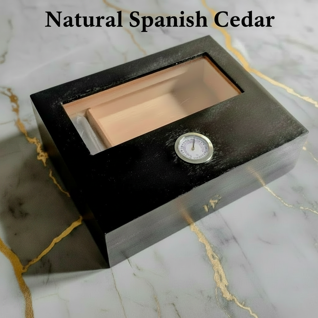 Cigar Box, Spanish Cedar, Black, with Hygrometer and Humidor, 9x7 inches
