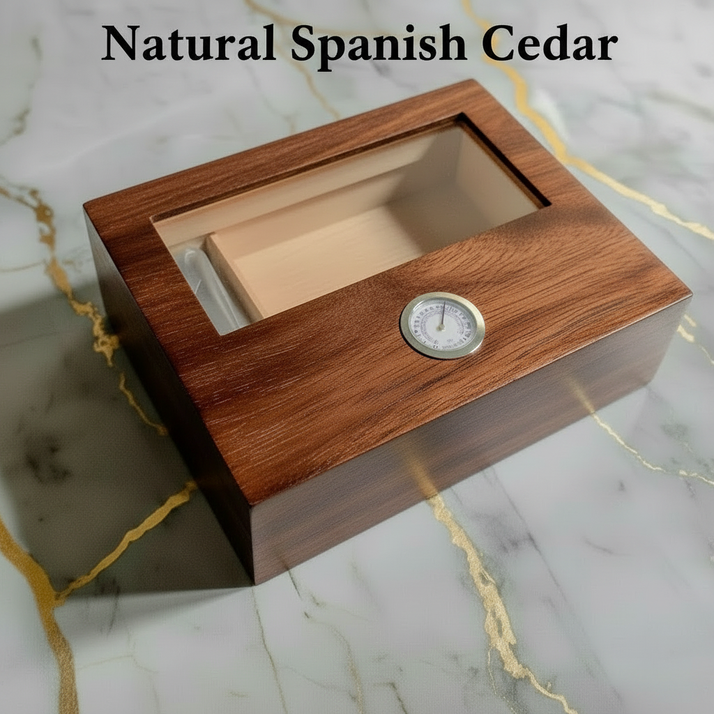 Cigar Box, Spanish Cedar, Brown, with Hygrometer and Humidor, 9x7 inches