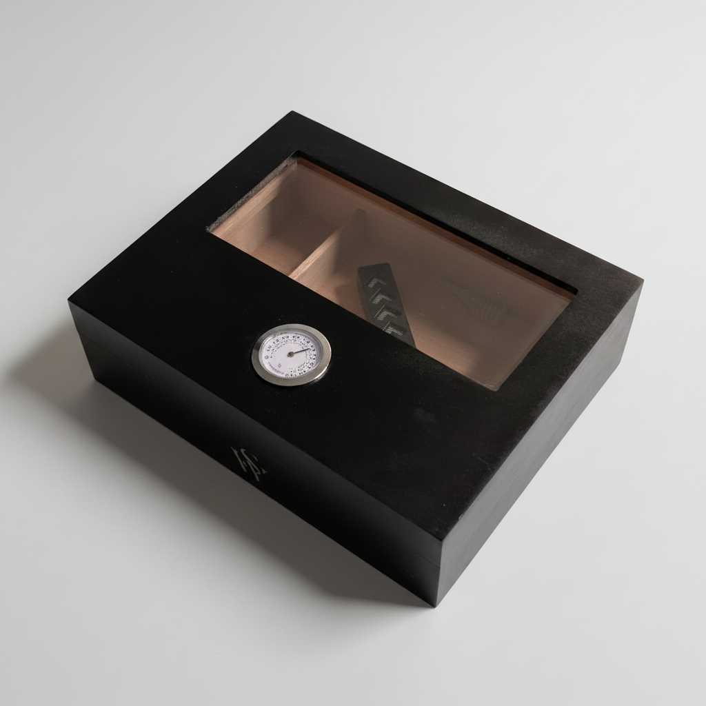 Cigar Box, Spanish Cedar, Black, with Hygrometer and Humidor, 9x7 inches