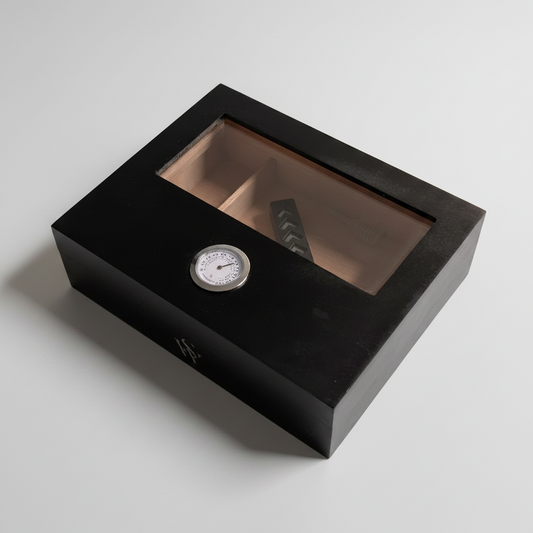 Cigar Box, Spanish Cedar, Black, with Hygrometer and Humidor, 9x7 inches