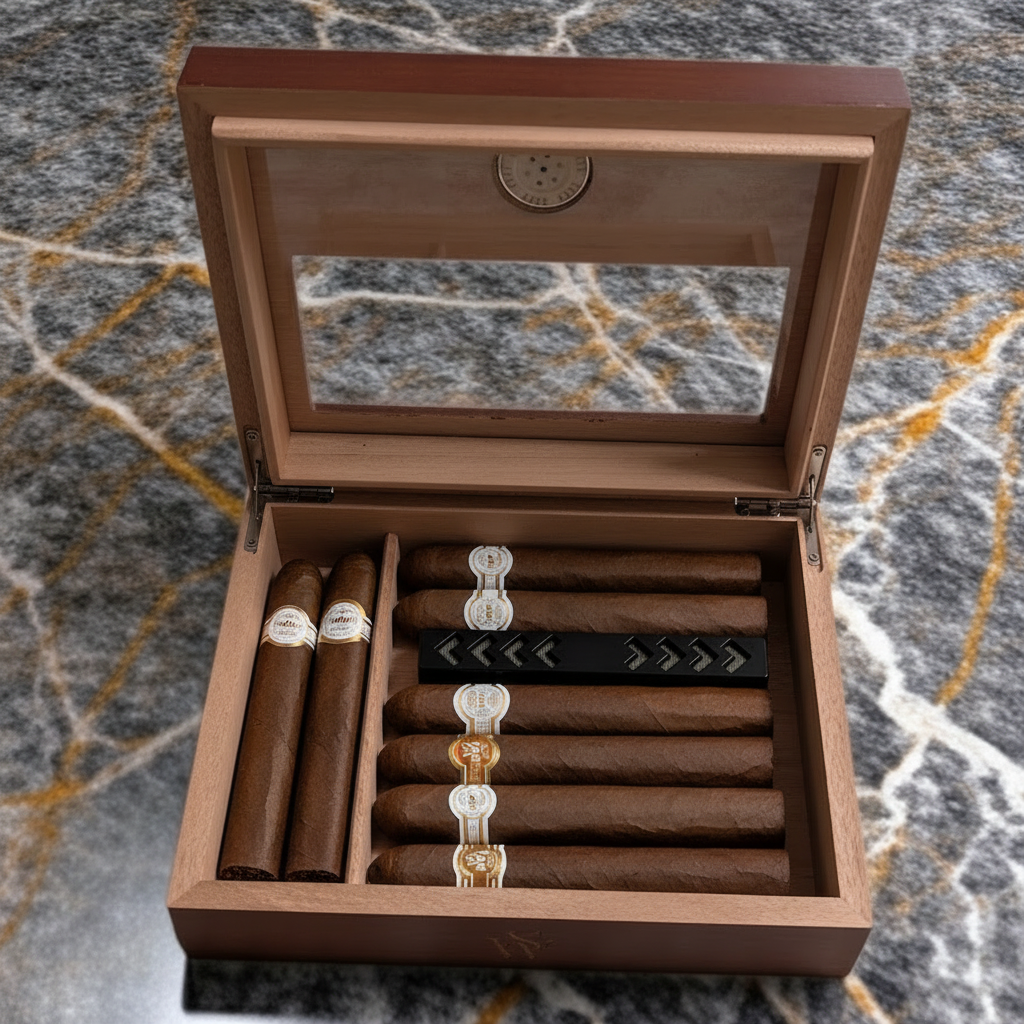Cigar Box, Spanish Cedar, Brown, with Hygrometer and Humidor, 9x7 inches