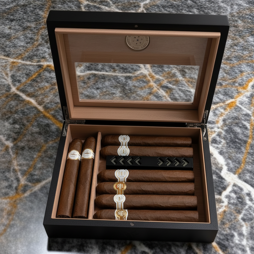 Cigar Box, Spanish Cedar, Black, with Hygrometer and Humidor, 9x7 inches