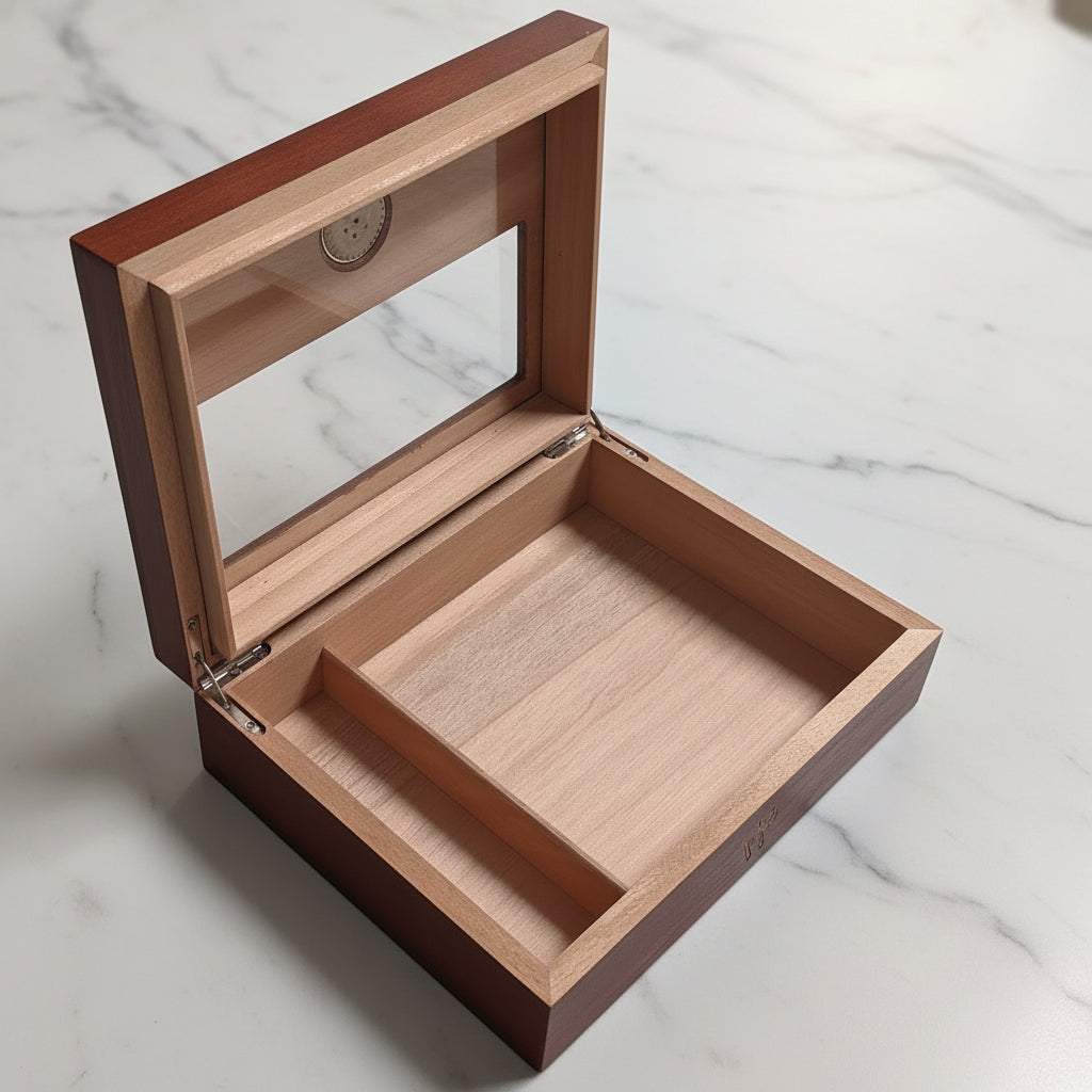Cigar Box, Spanish Cedar, Brown, with Hygrometer and Humidor, 9x7 inches