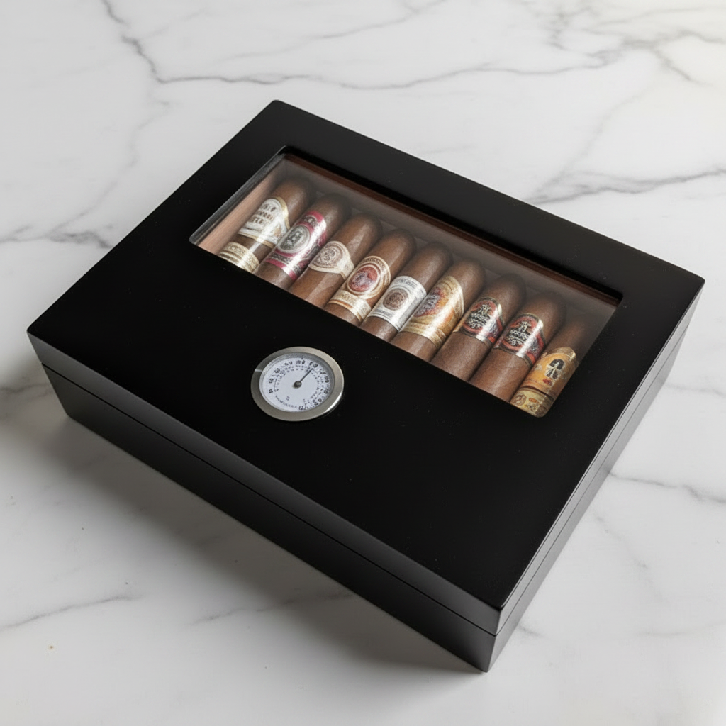 Cigar Box, Spanish Cedar, Black, with Hygrometer and Humidor, 9x7 inches