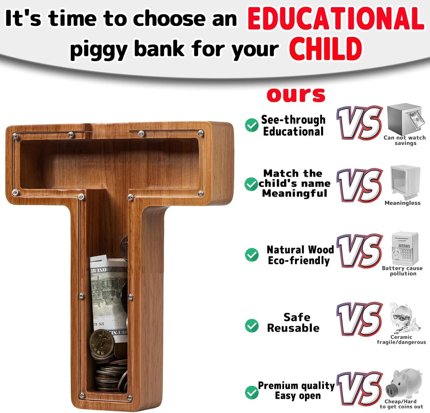 Alphabet Money Bank with Initial "T" 9 inch tall