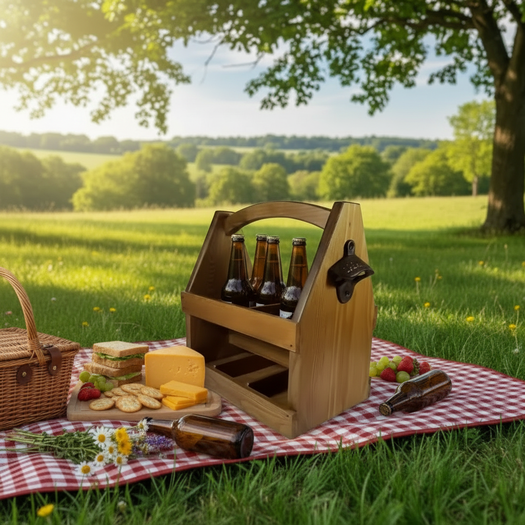 Beer and Wine Carrying Box with Bottle Opener, Natural Hardwood