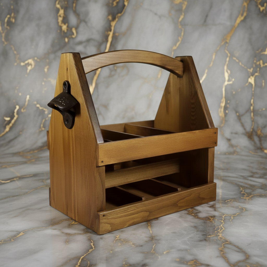 Beer and Wine Carrying Box with Bottle Opener, Natural Hardwood